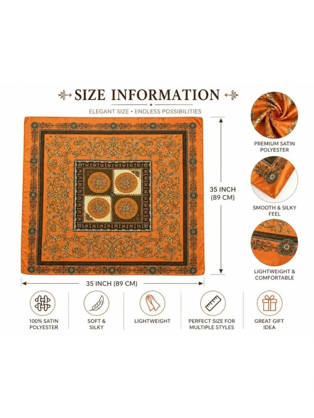 Luxury Square Satin Scarf With Ornate Floral Motif - Orange & Gold Border Design